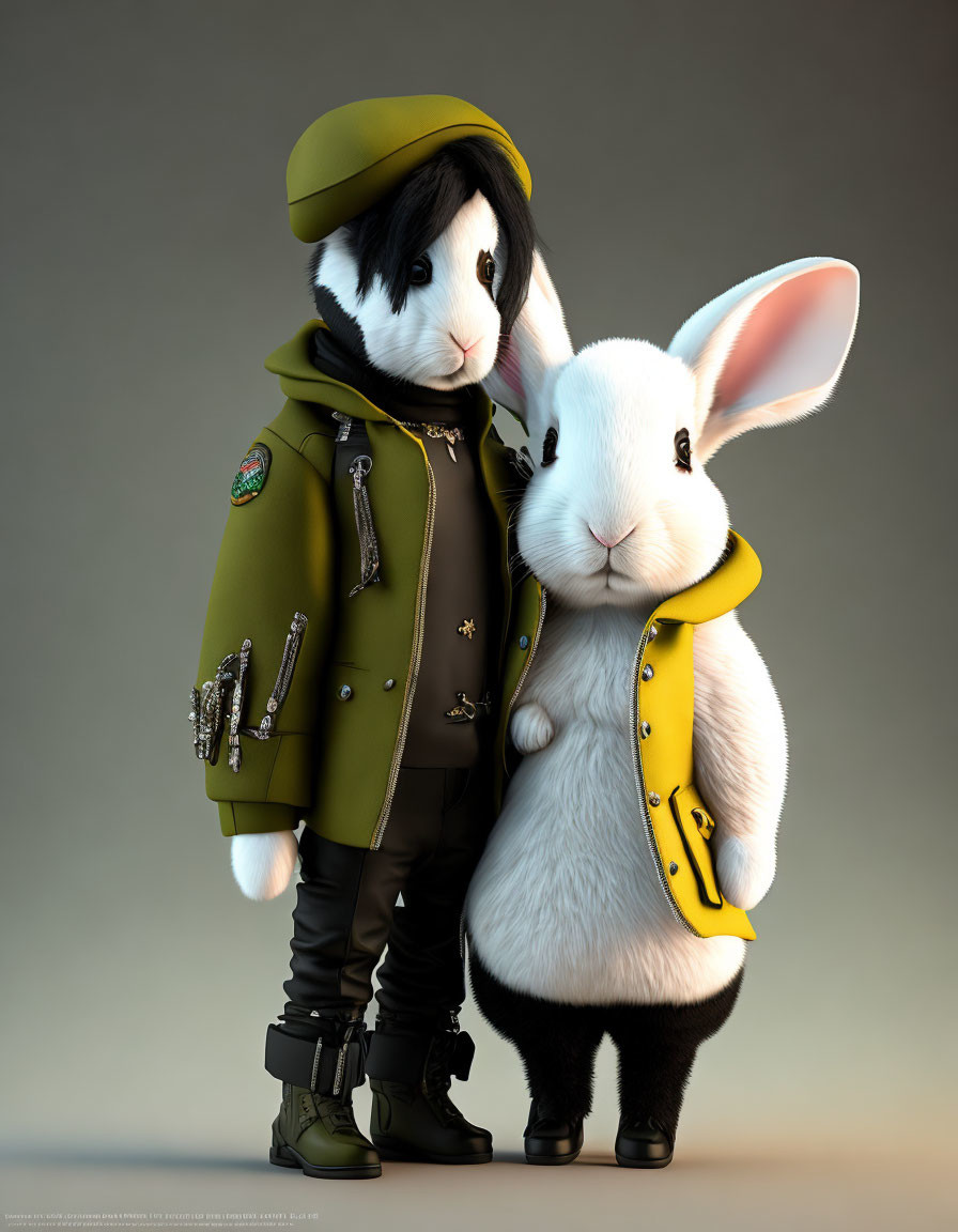 Stylized anthropomorphic rabbits in fashionable outfits