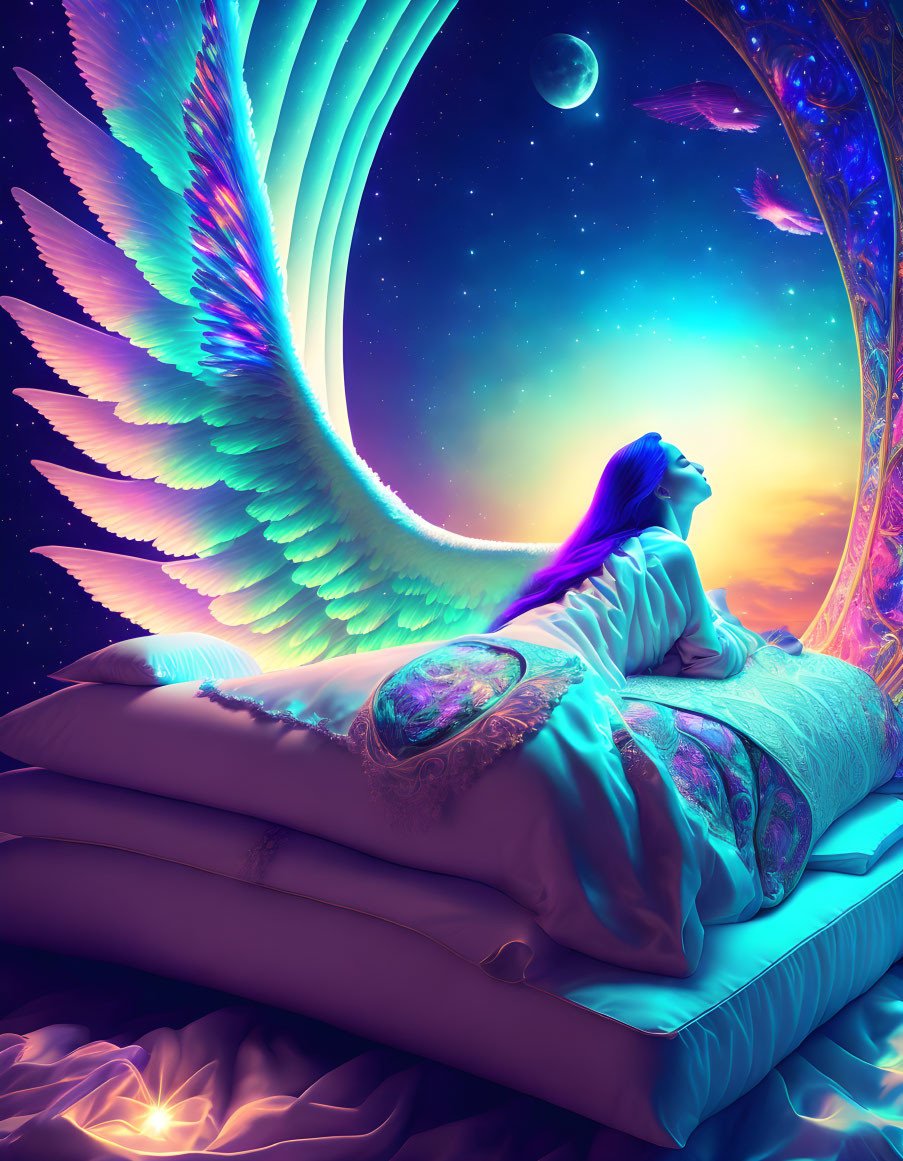 Colorful digital artwork of a winged woman on pillows in cosmic setting