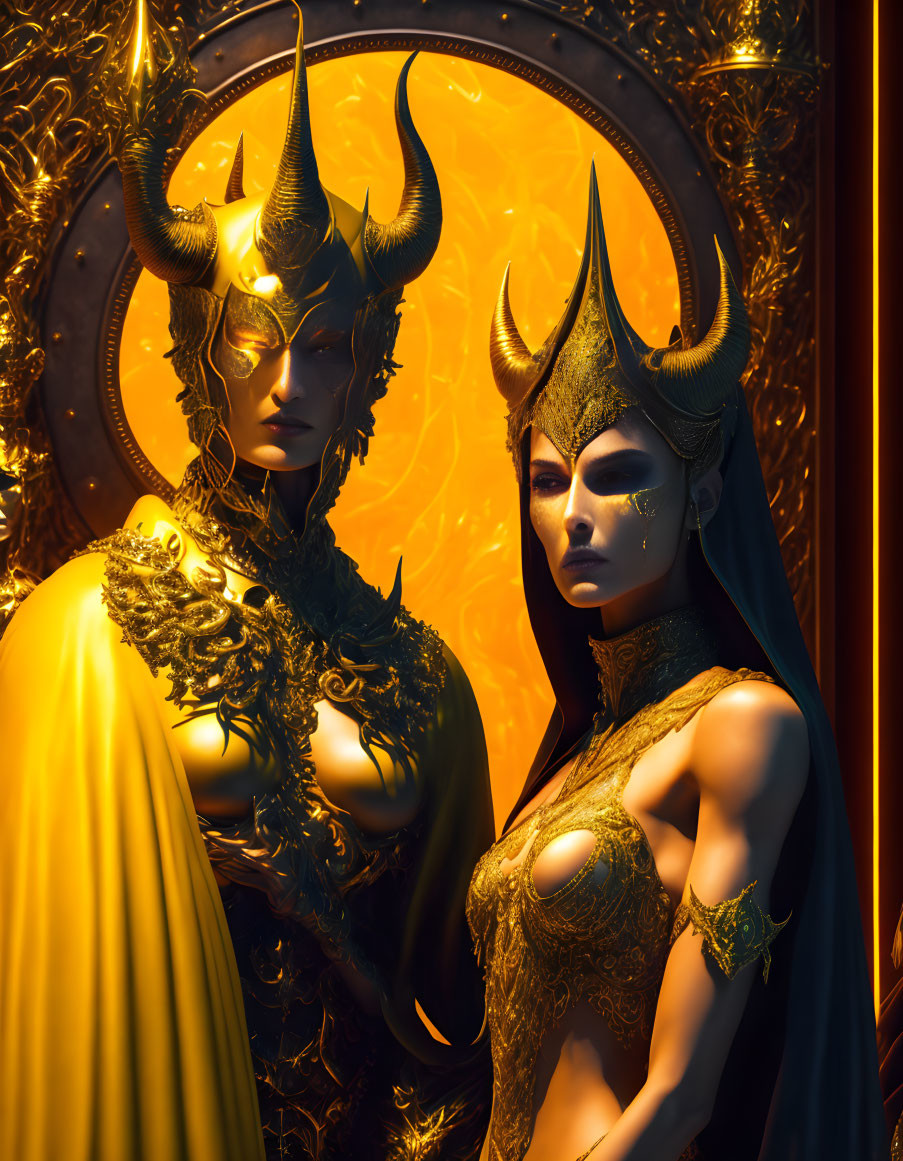 Elaborate Fantasy Characters in Golden Costumes with Horns