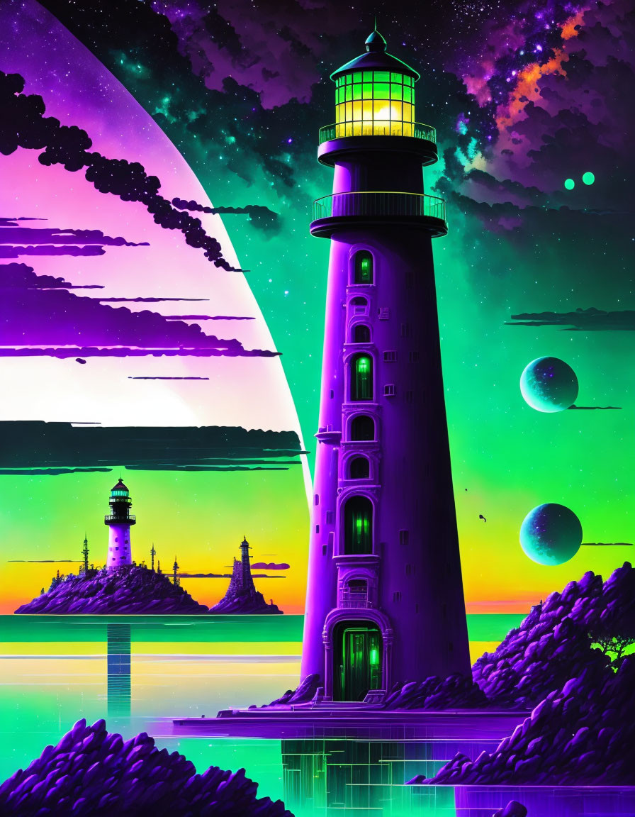 Vibrant digital artwork: Lighthouse with green lights in surreal purple and teal sky