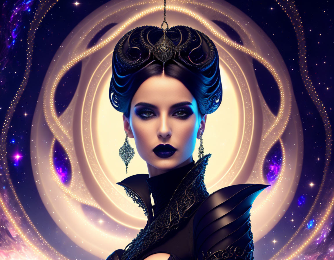 Digital artwork: Woman with intricate headdress and cosmic background