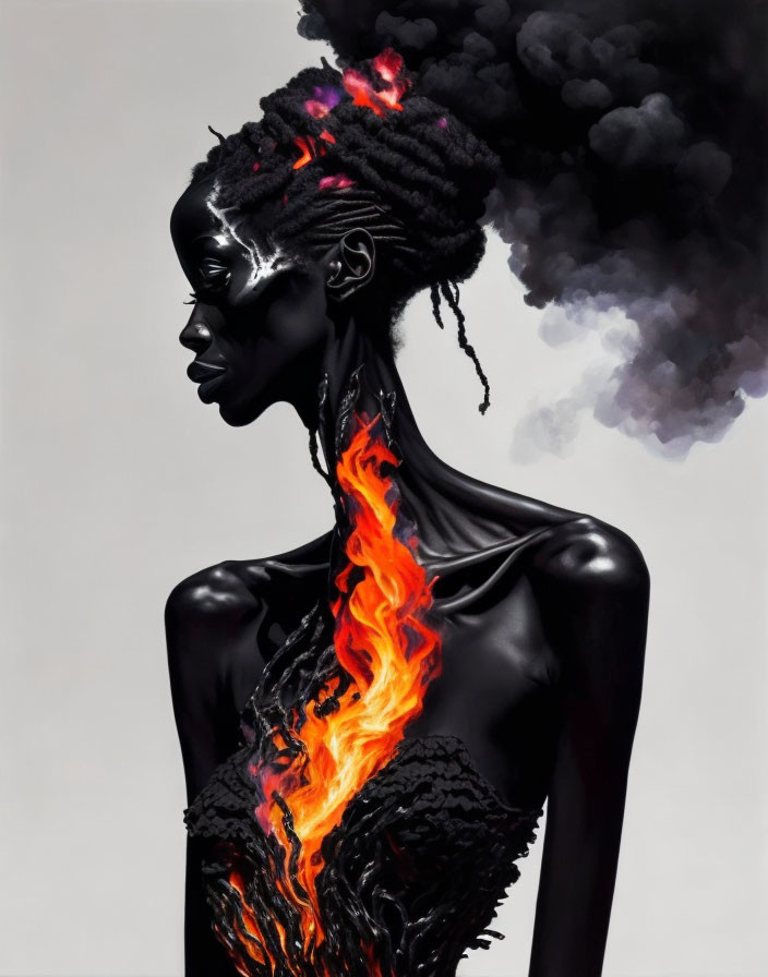 Artistic image of person with black glossy skin and hair transformed into dark smoke, flames on shoulder and