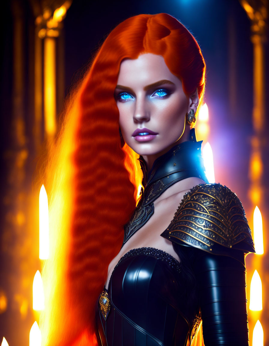 Digital artwork: Woman with red hair and blue eyes in black armor with gold accents, set against fiery