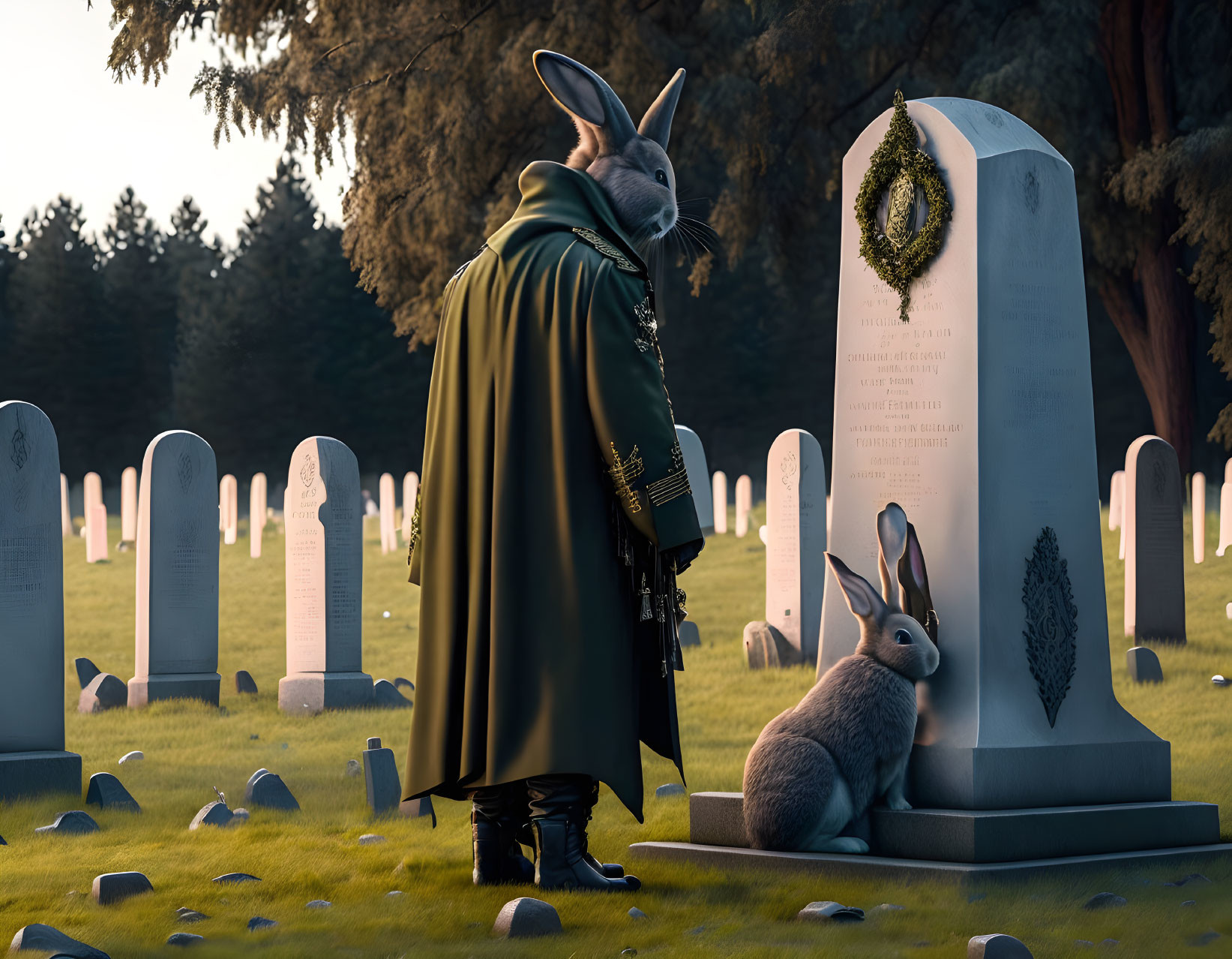 Anthropomorphic rabbit in military attire at grave in serene cemetery