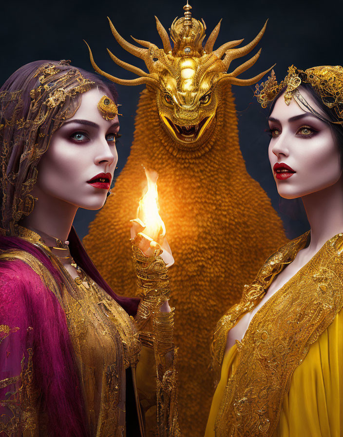 Two women in golden headpieces with dragon and torch in regal attire