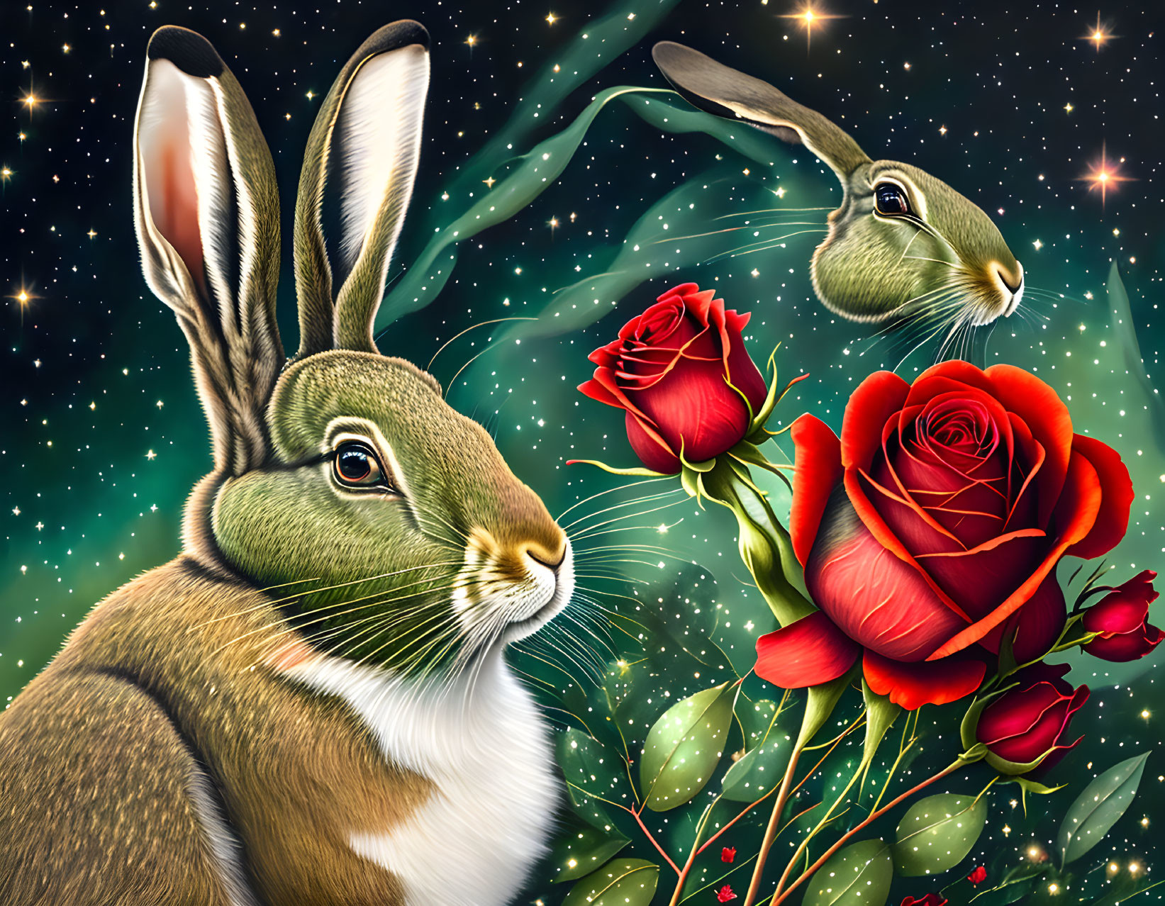 Rabbits with red roses on starry night background