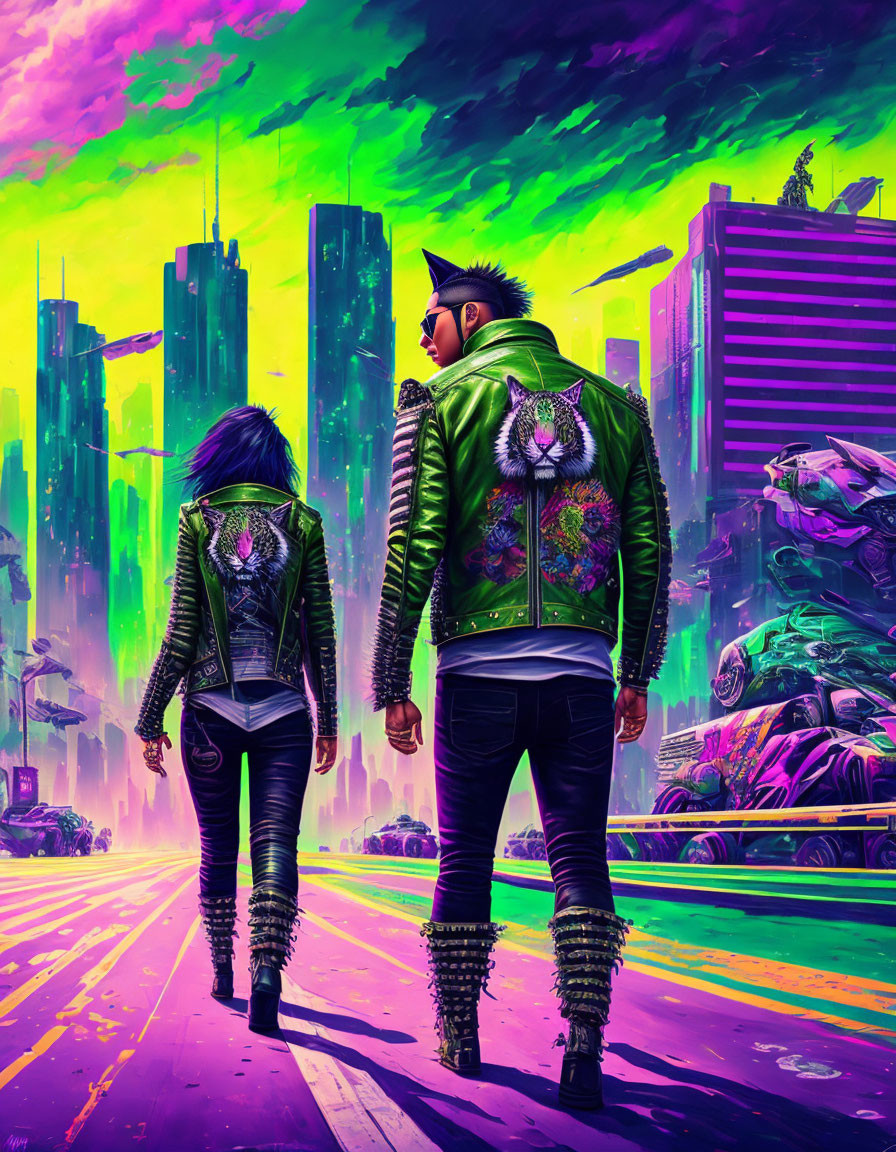 Edgy punk fashion in vibrant futuristic city