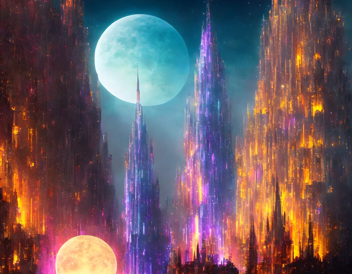 Futuristic cityscape with neon-lit towers, moons, and spacecraft