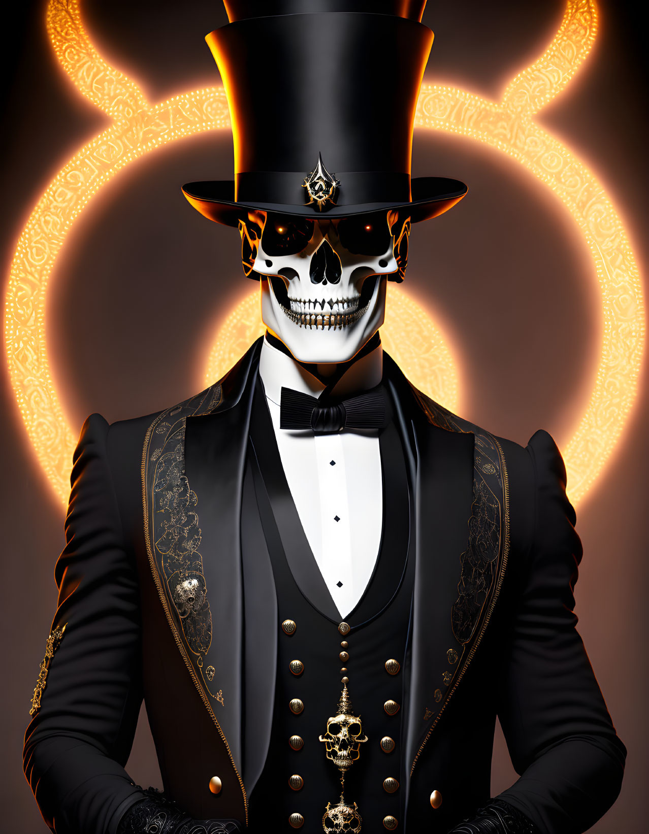 Stylized skeleton in elegant suit and top hat with gold patterns and skull mask on dark background.