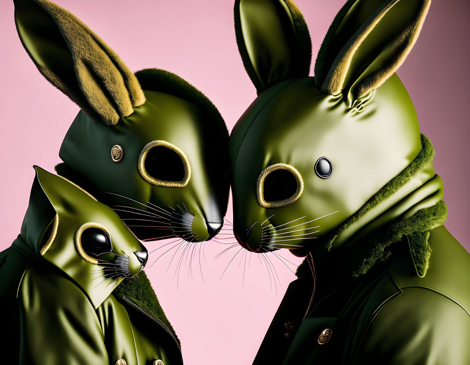 Anthropomorphic rabbits with button eyes and coats touching noses on pink background