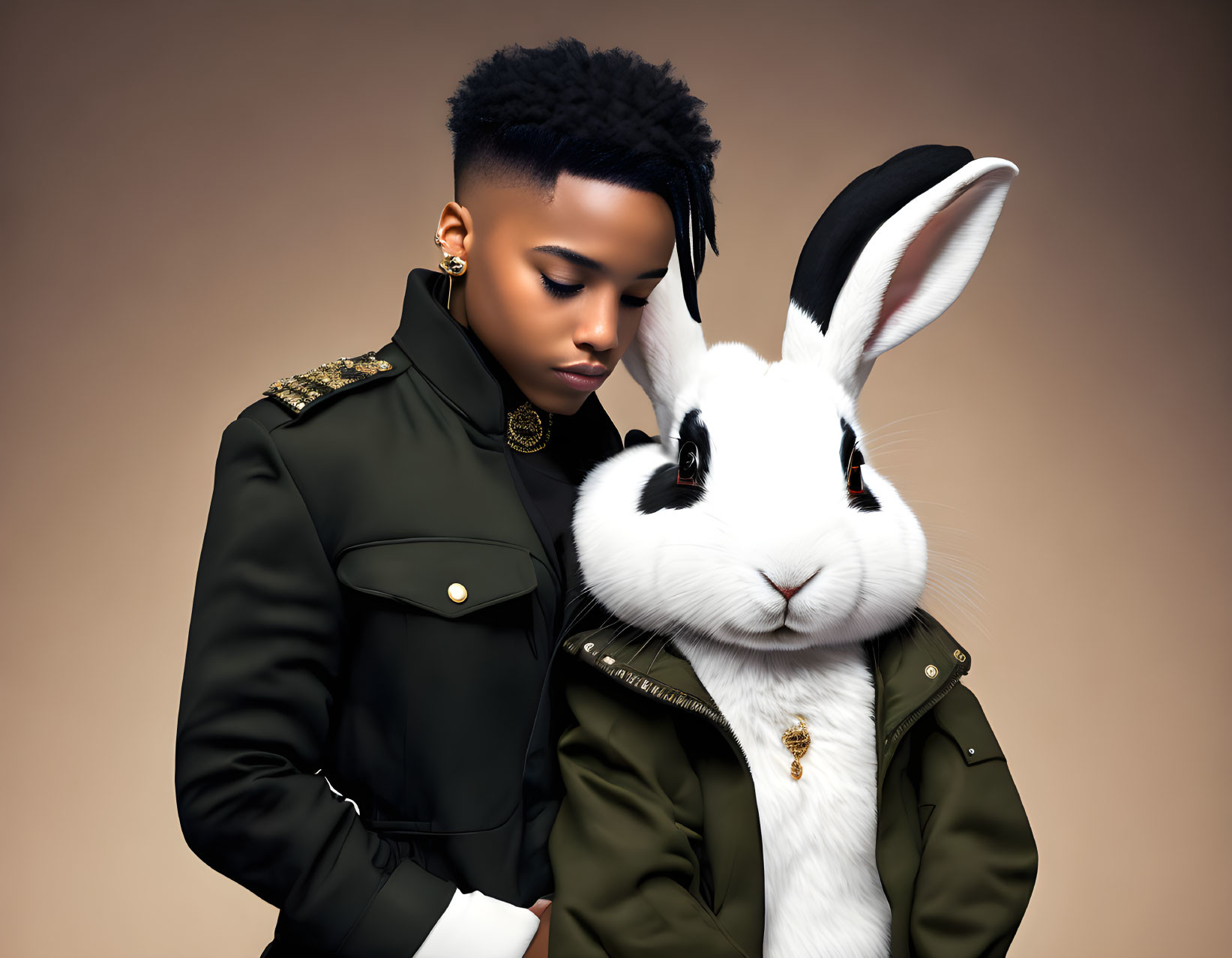 Stylish haircut person in military jacket with oversized rabbit on beige background