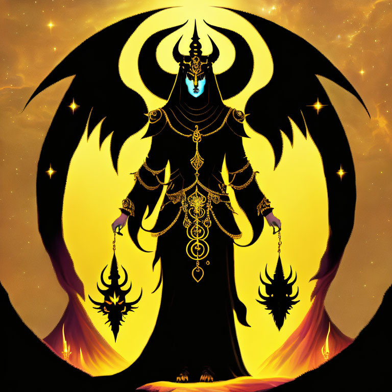 Dark mystical figure with blue horns and golden adornments in celestial backdrop