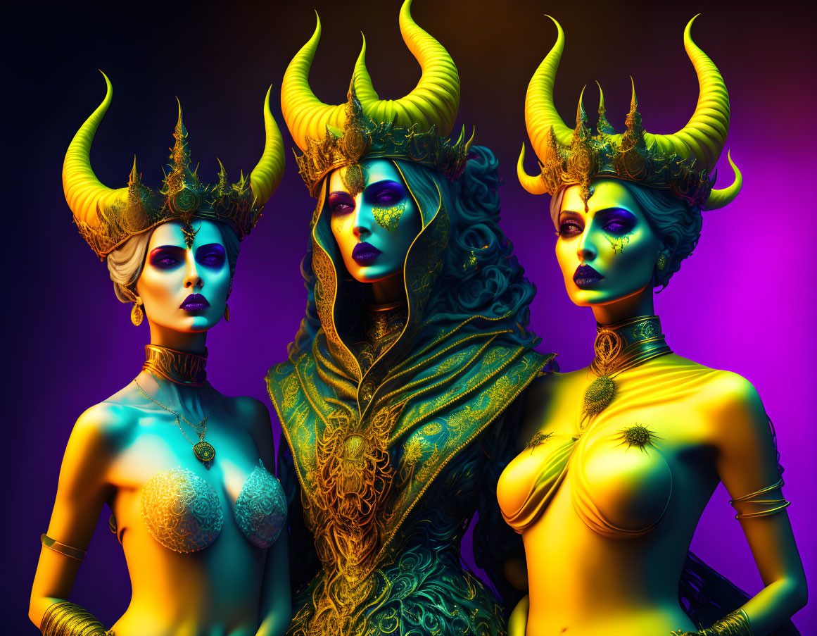 Three women in horned headdresses with elaborate makeup under colorful lighting