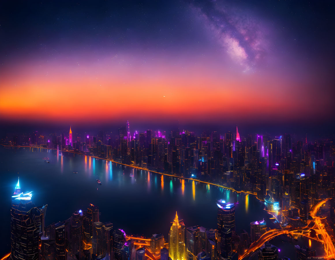 Vibrant night cityscape with illuminated skyscrapers, river reflections, and starry sky.