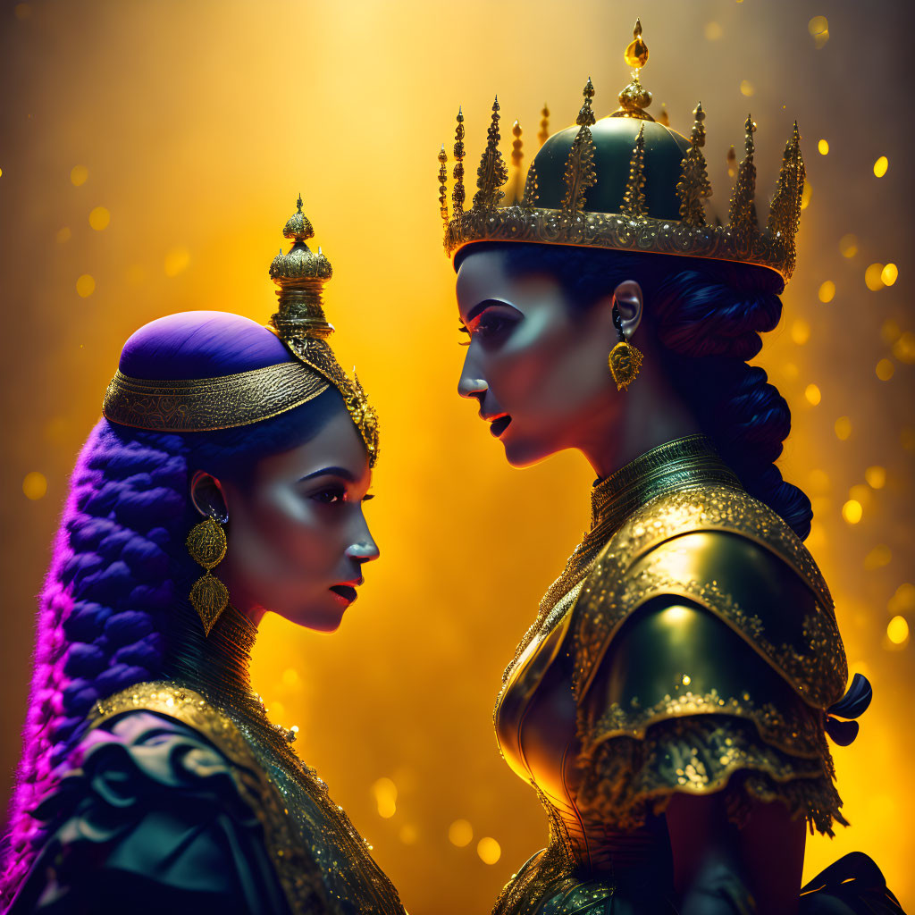 Two women in golden crowns and regal attire on golden backdrop.