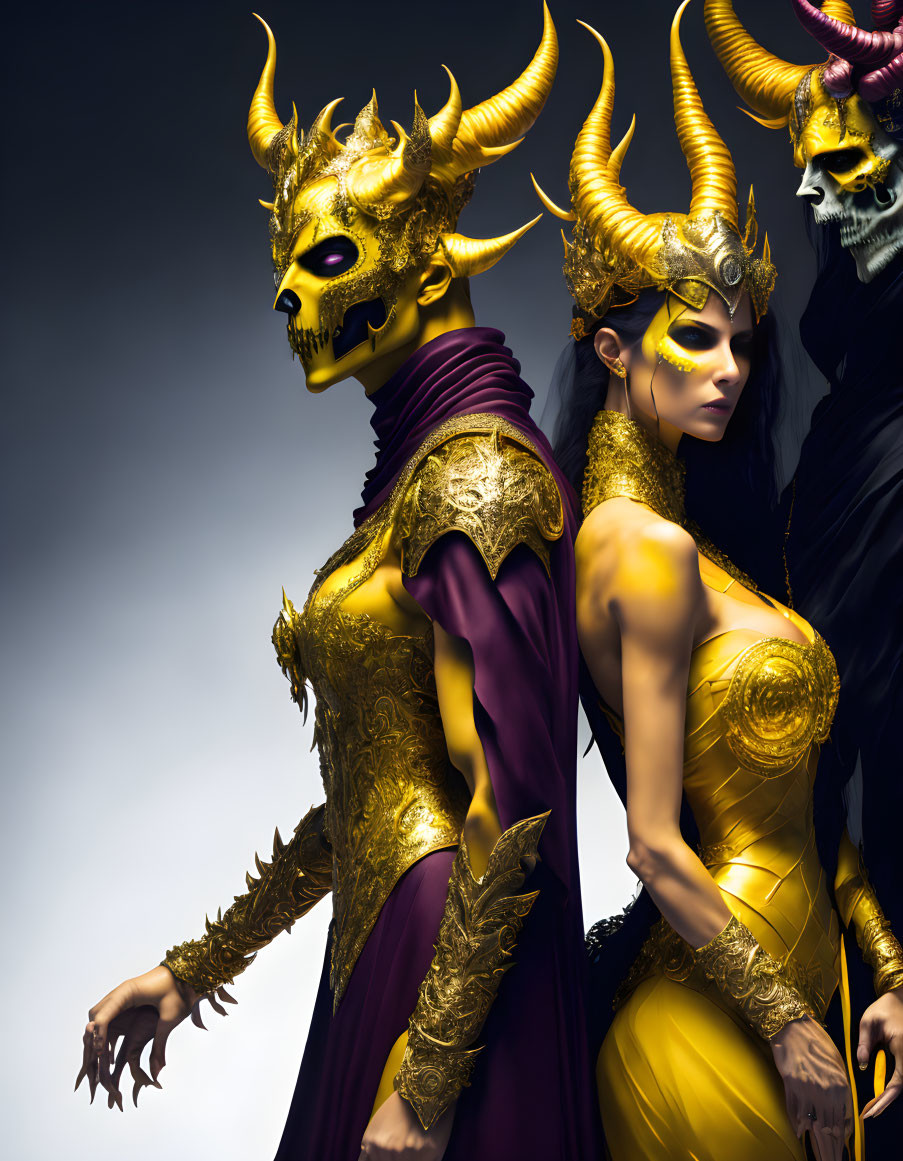 Three individuals in elaborate demonic attire with gold armor and twisted horns on dark backdrop