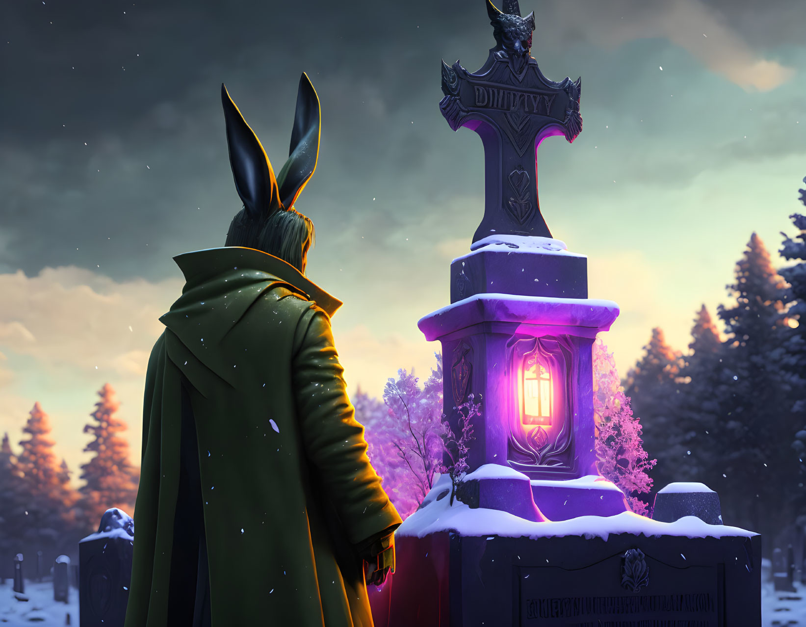 Rabbit-eared character in green cloak at snow-covered monument