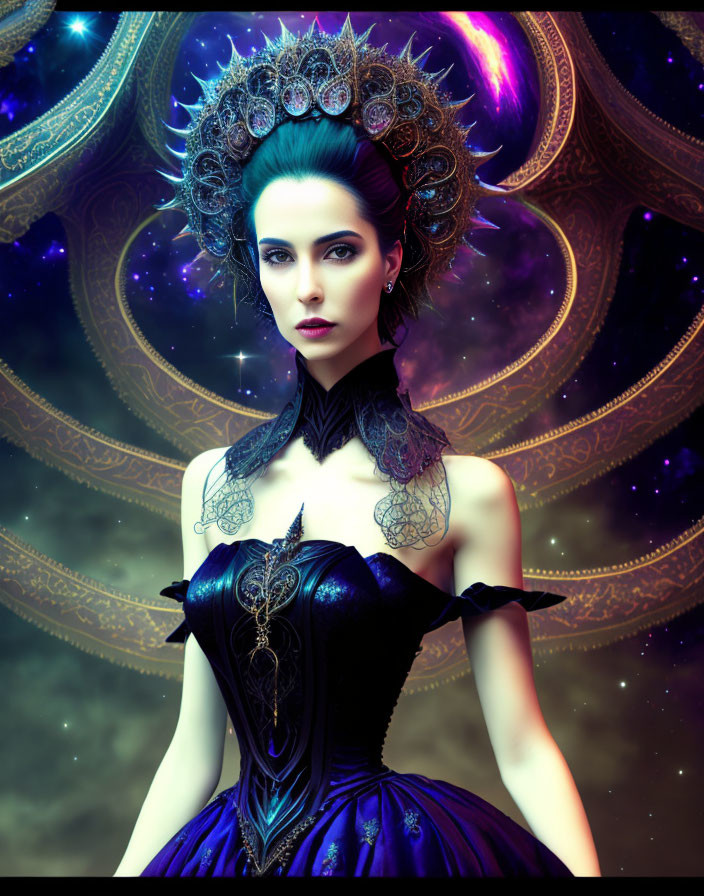 Elaborate cosmic headpiece on woman in dark elegant gown against space-like background