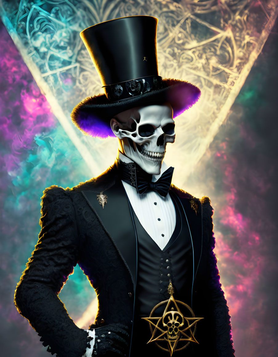 Skull-headed figure in black tuxedo with neon lights and mystical symbols