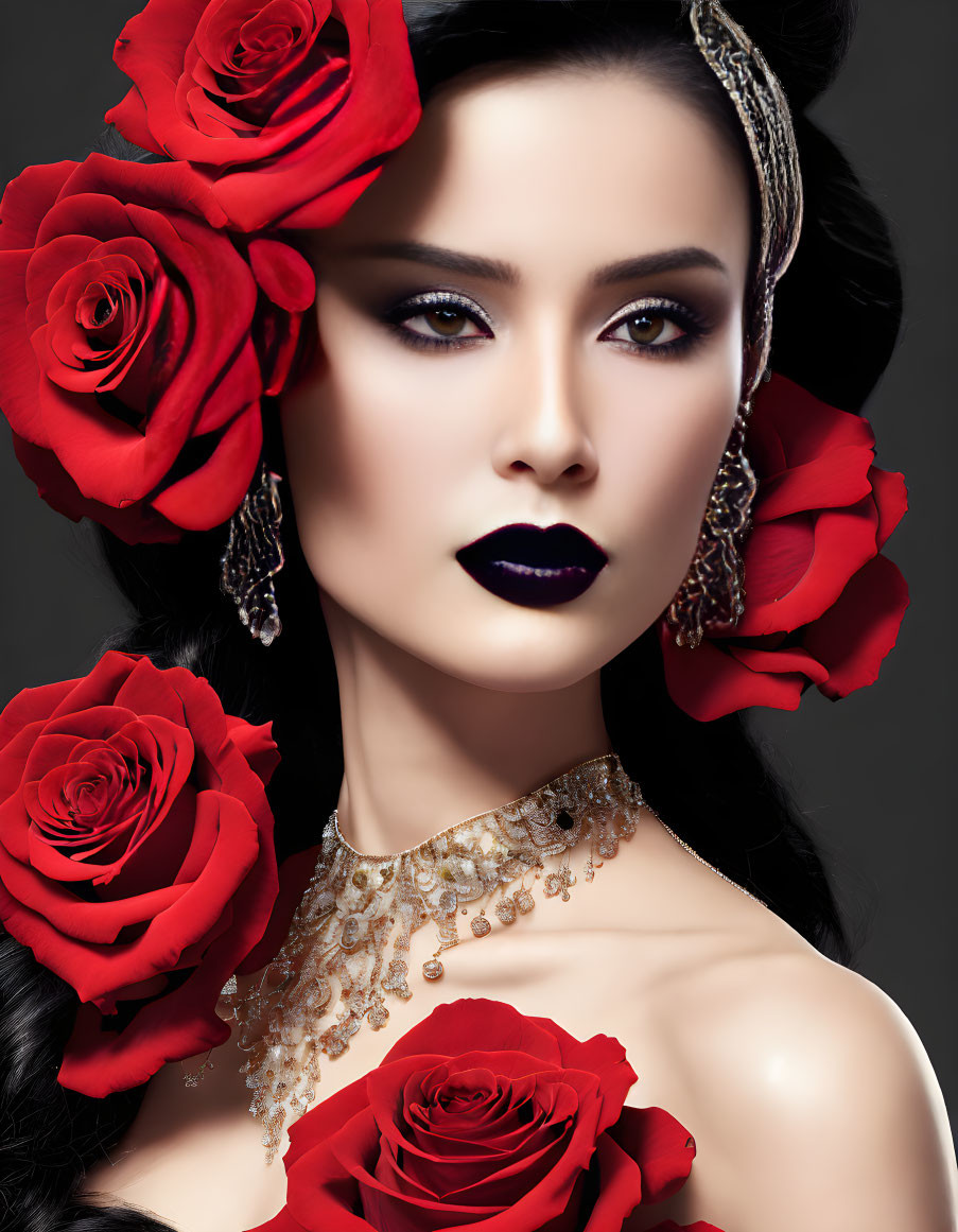 Woman with Striking Makeup and Red Roses in Hair on Dark Background