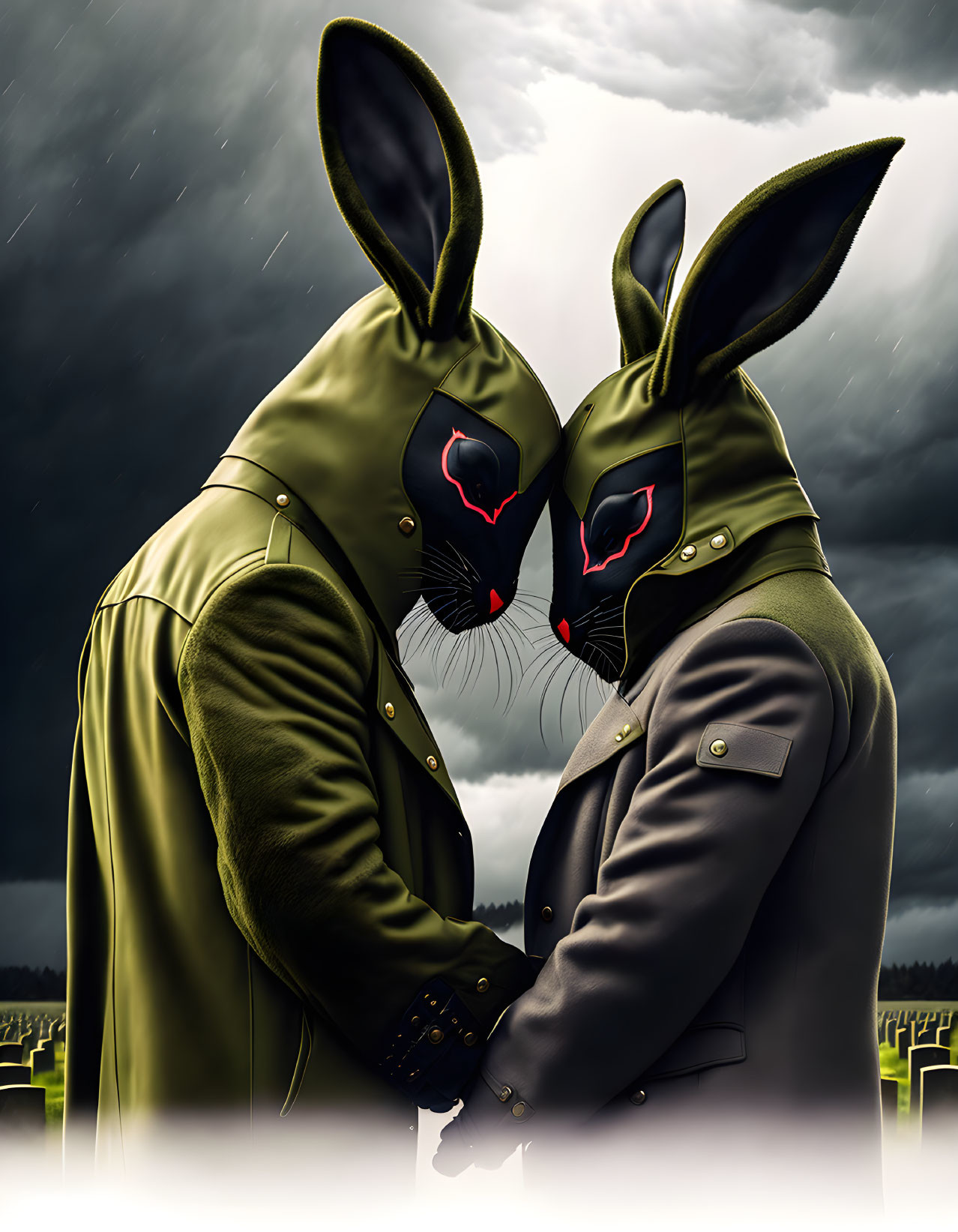 Anthropomorphic rabbits in military uniforms under stormy sky and cemetery backdrop