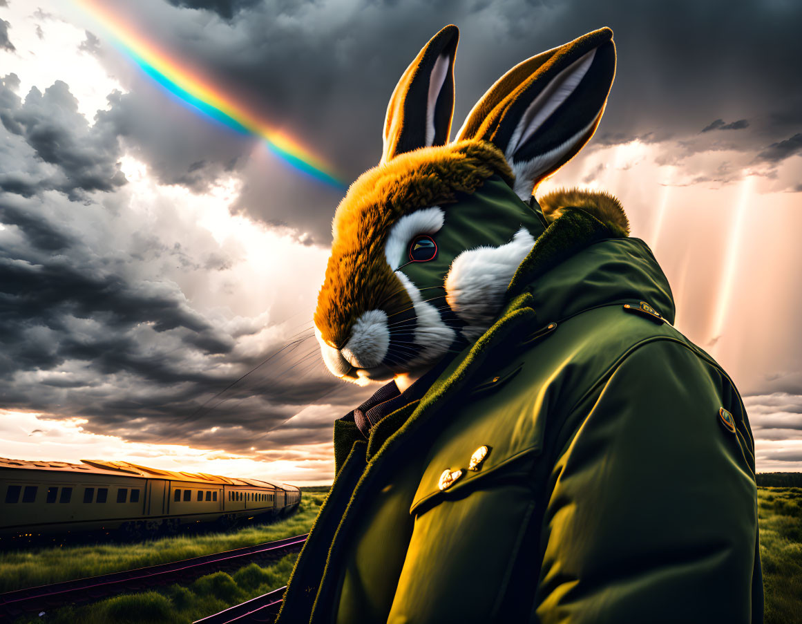 Surreal image: person with rabbit head, green coat, by train tracks, stormy sky