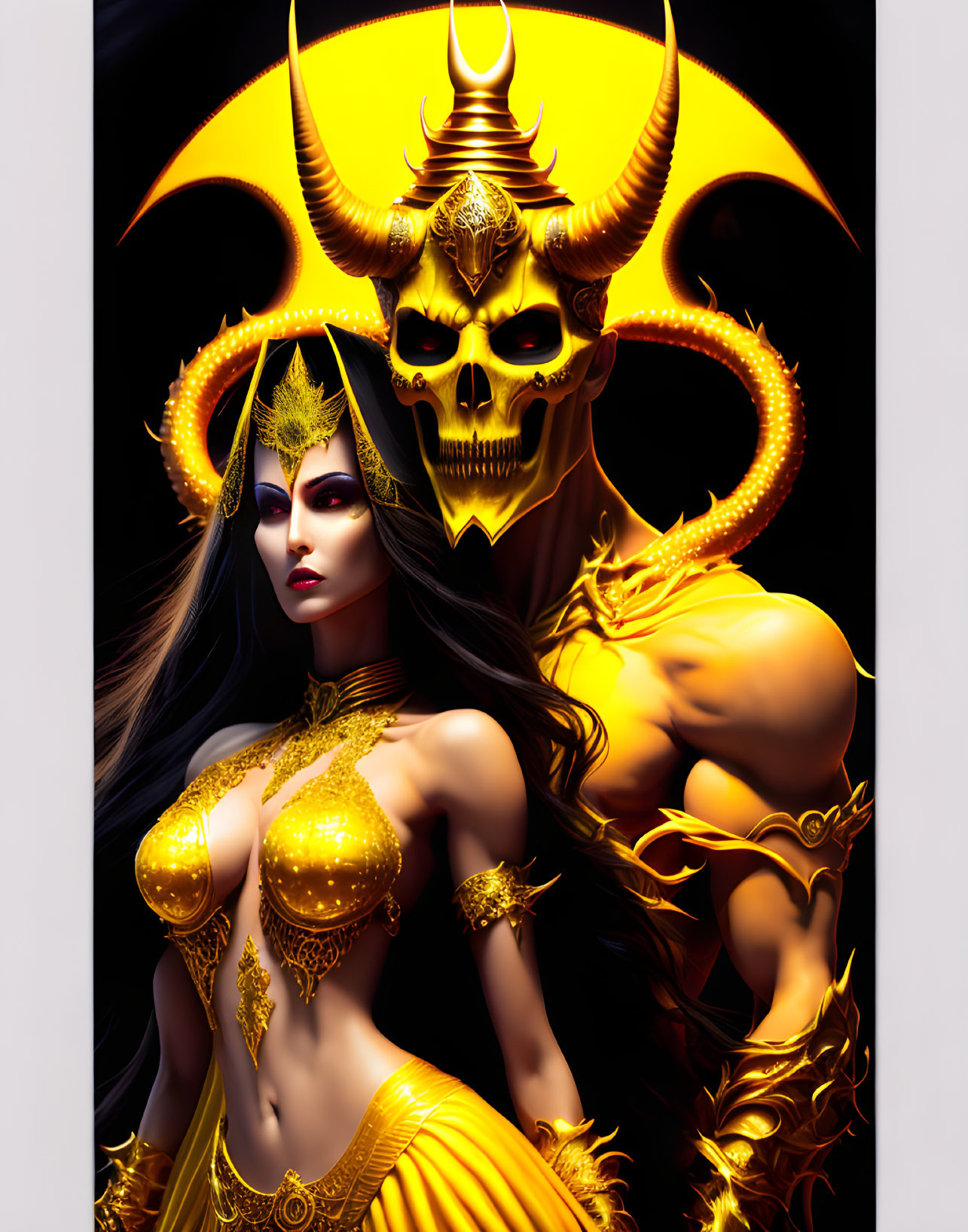 Fantasy Artwork: Male Figure with Skull Face and Horns, Female in Golden Apparel