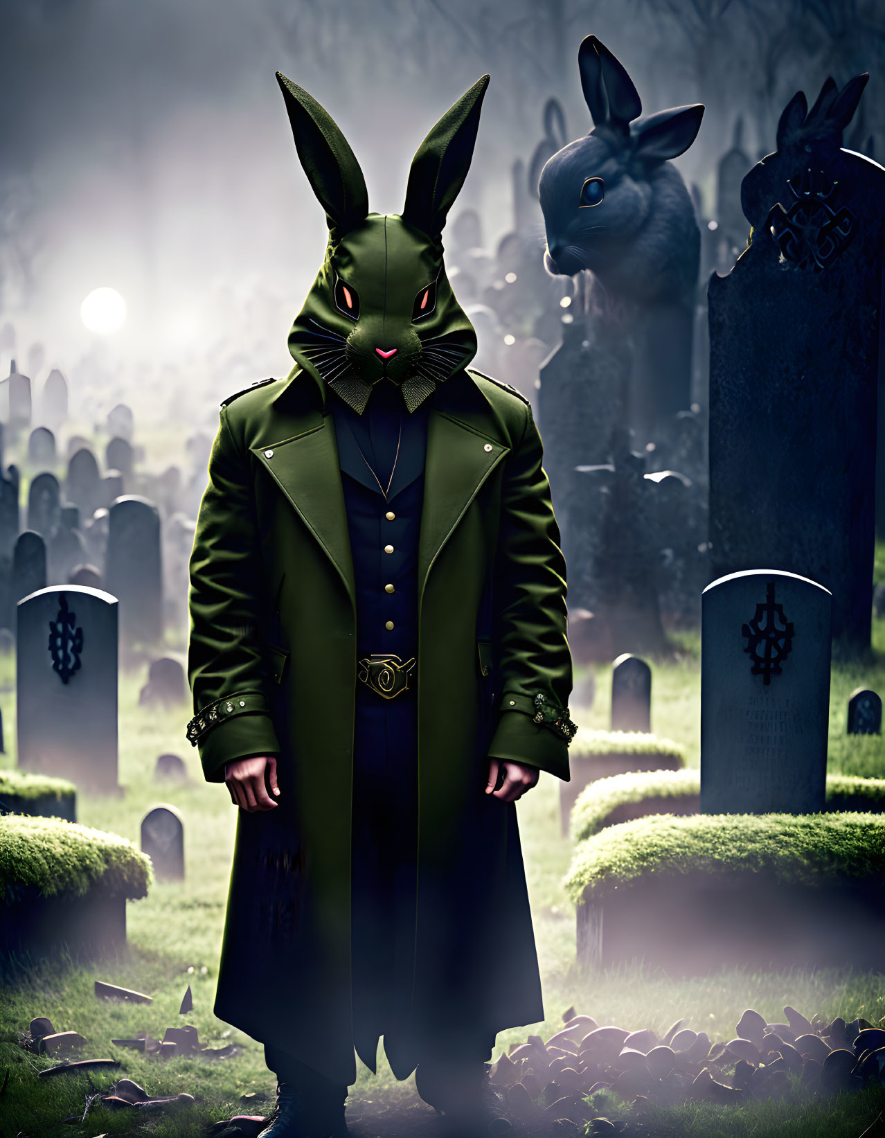 Humanoid Rabbit in Green Coat Stands in Foggy Graveyard at Dusk