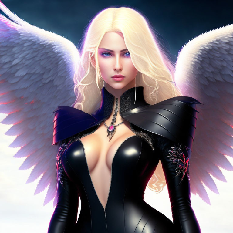 Digital artwork of female figure with angelic wings and platinum blonde hair in black outfit with shoulder armor