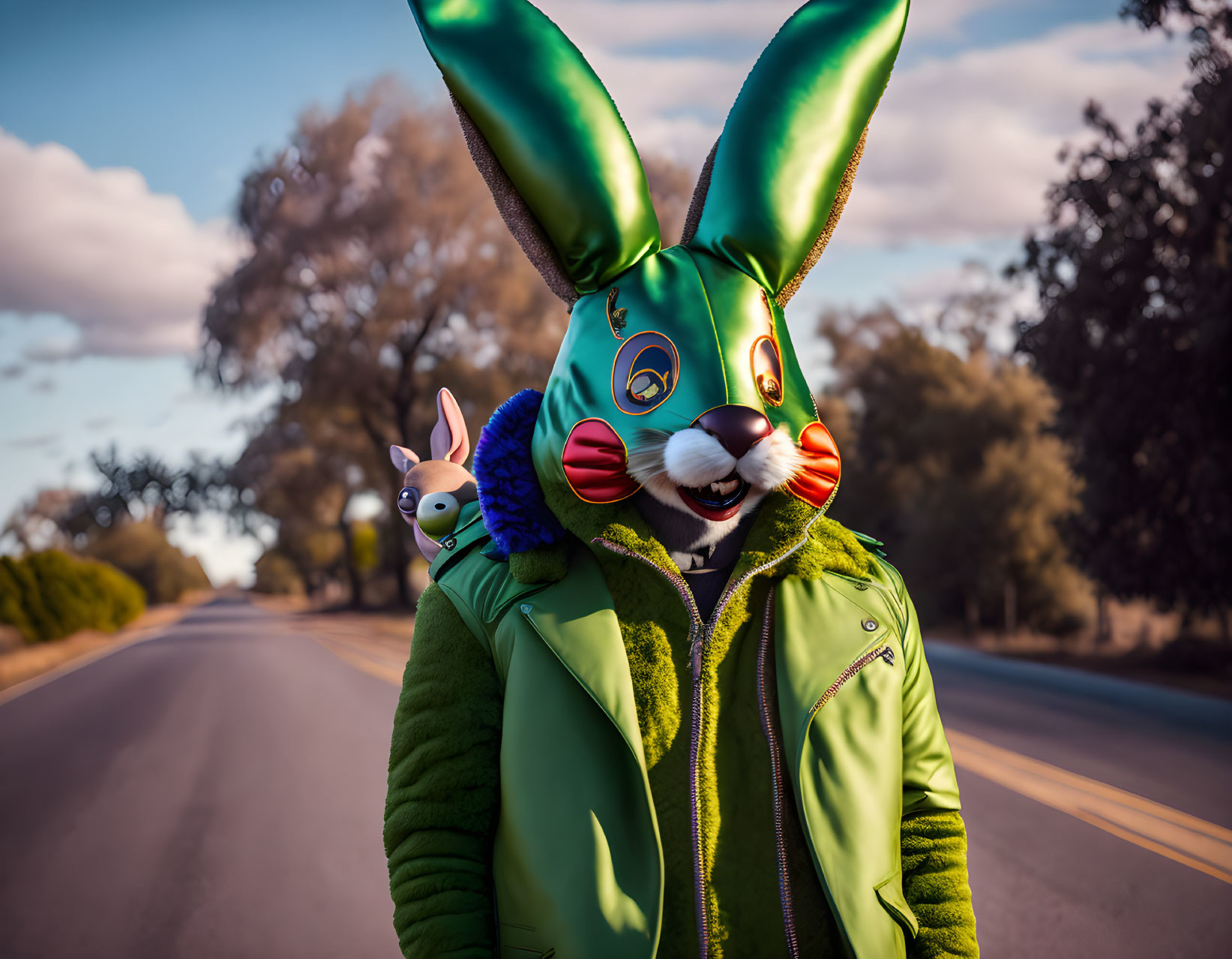 Person in Cartoonish Rabbit Mask on Road at Golden Hour