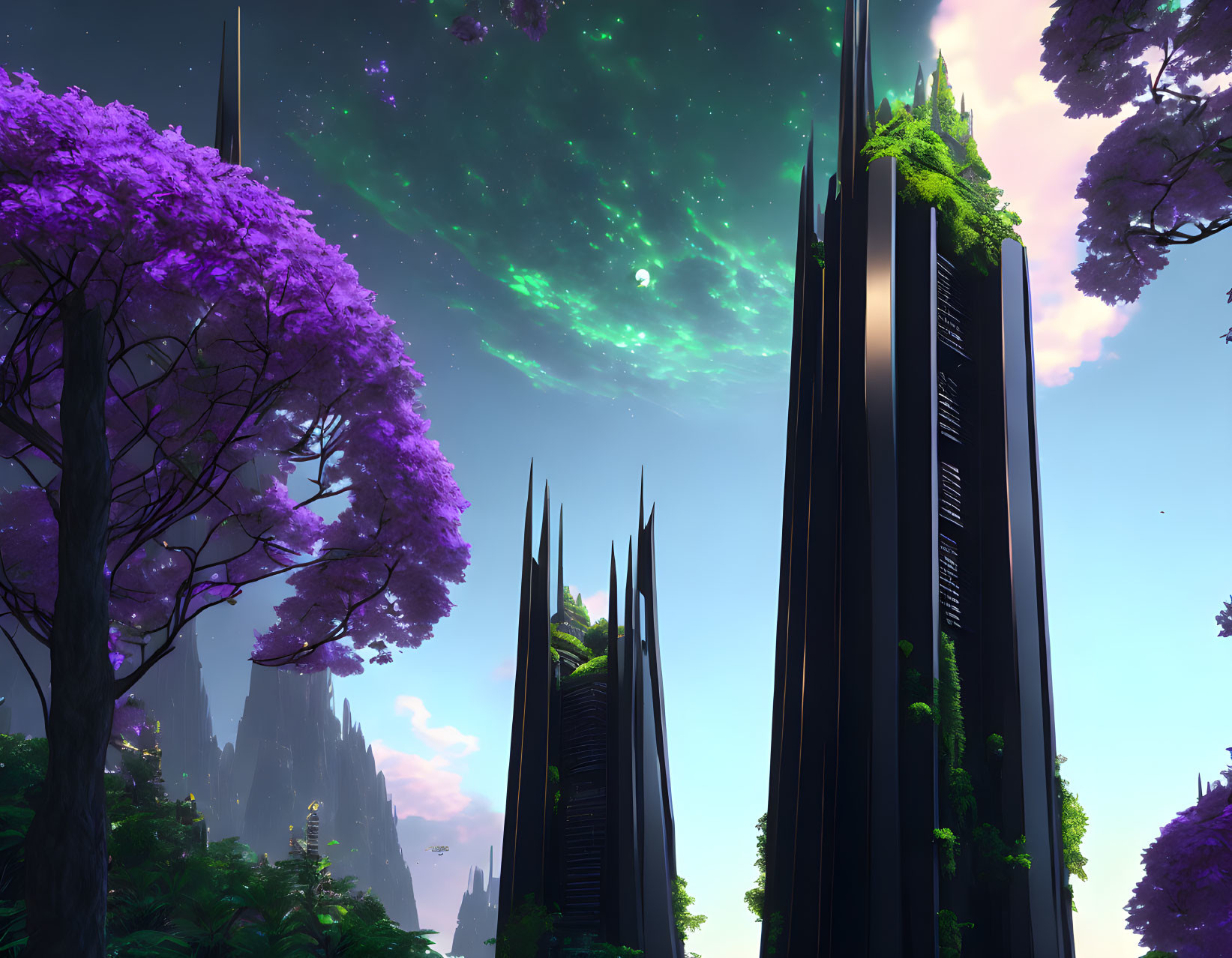 Black futuristic towers amidst purple foliage under starry sky with green nebulae