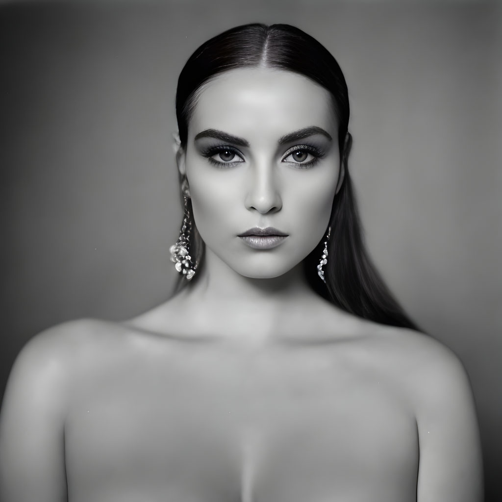 Monochrome portrait of woman with sleek hair and elegant earrings