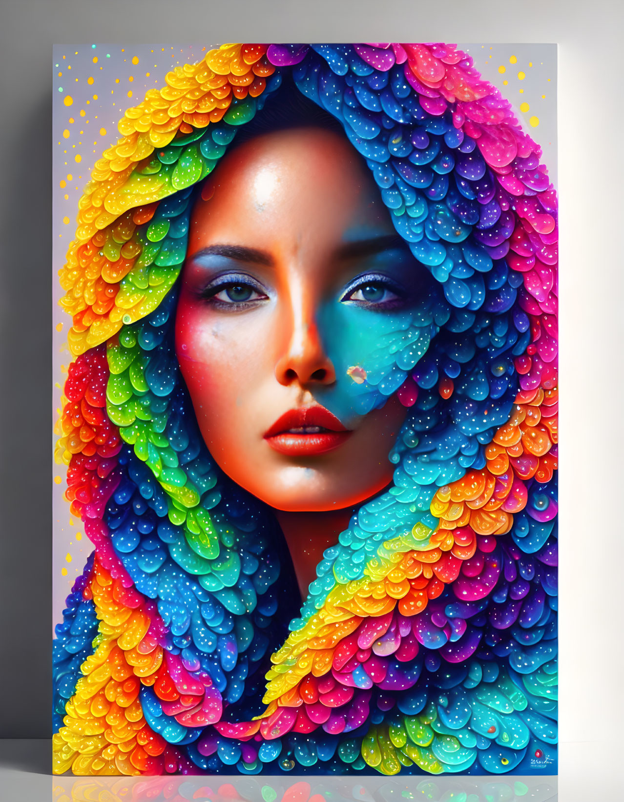 Vibrant digital portrait of a woman with rainbow petal shapes on glossy backdrop