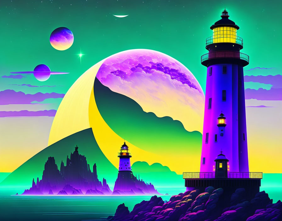 Digital artwork featuring lighthouse on coast with moons, planets, and comet in colorful starry sky