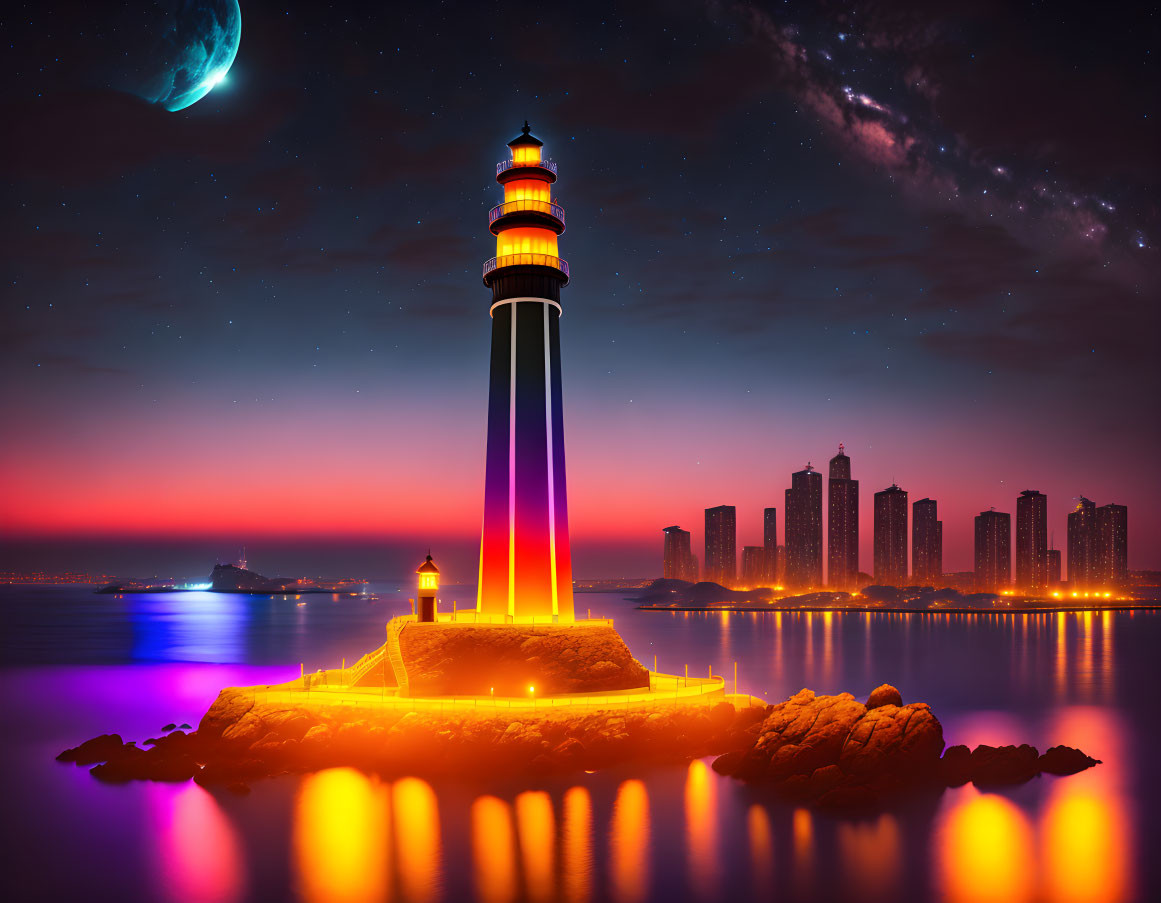 Lighthouse beaming at twilight with crescent moon over city skyline.