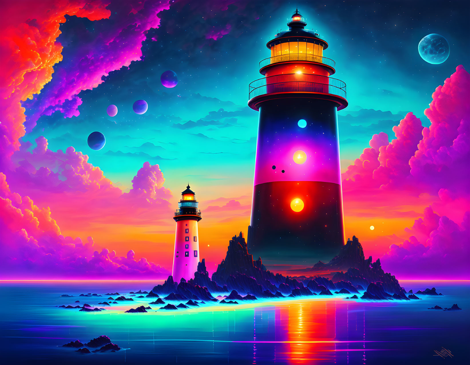 Fantasy artwork: Dual lighthouses on rocky islands, neon-lit sky, floating orbs,