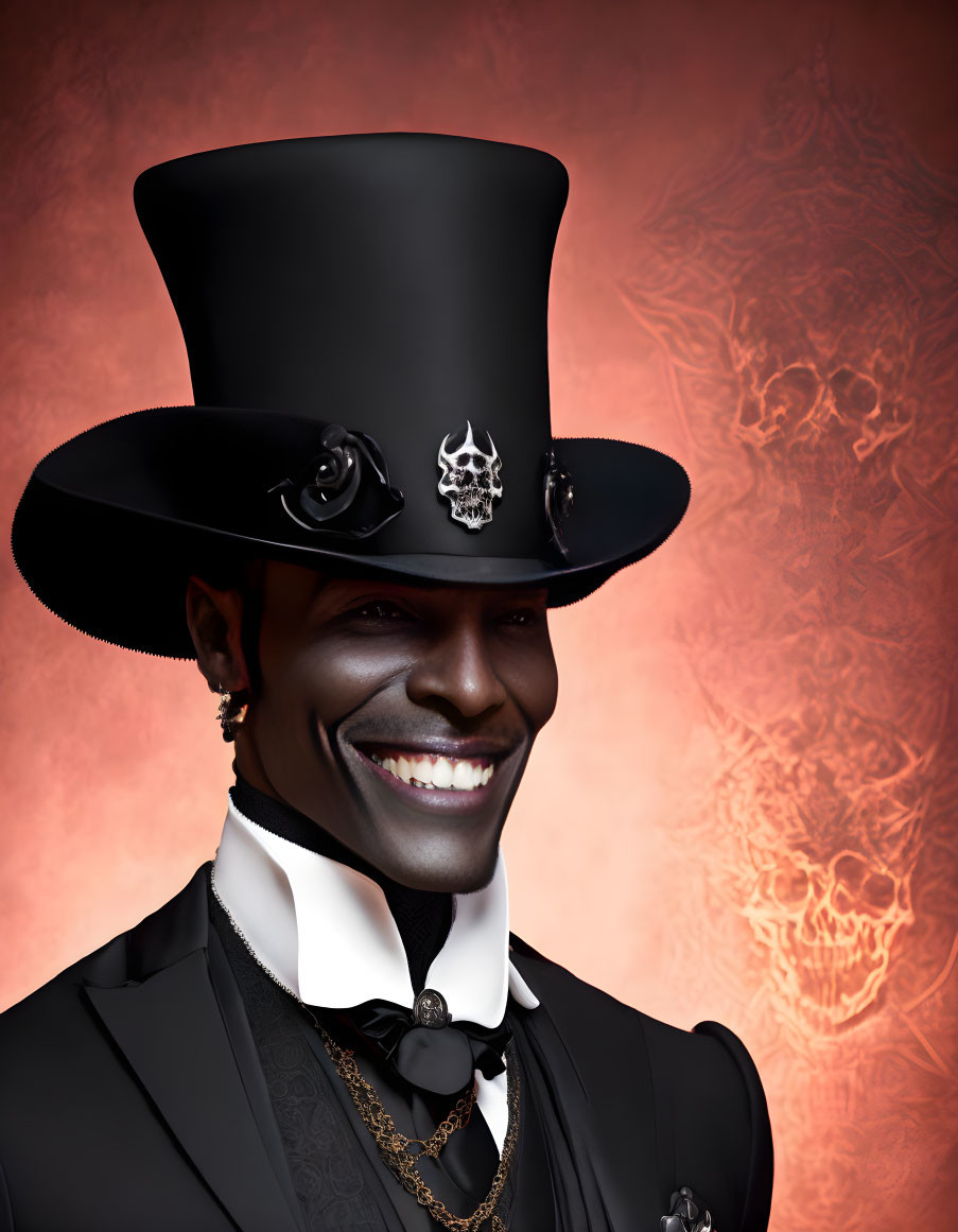 Smiling person in skull-adorned top hat against red background