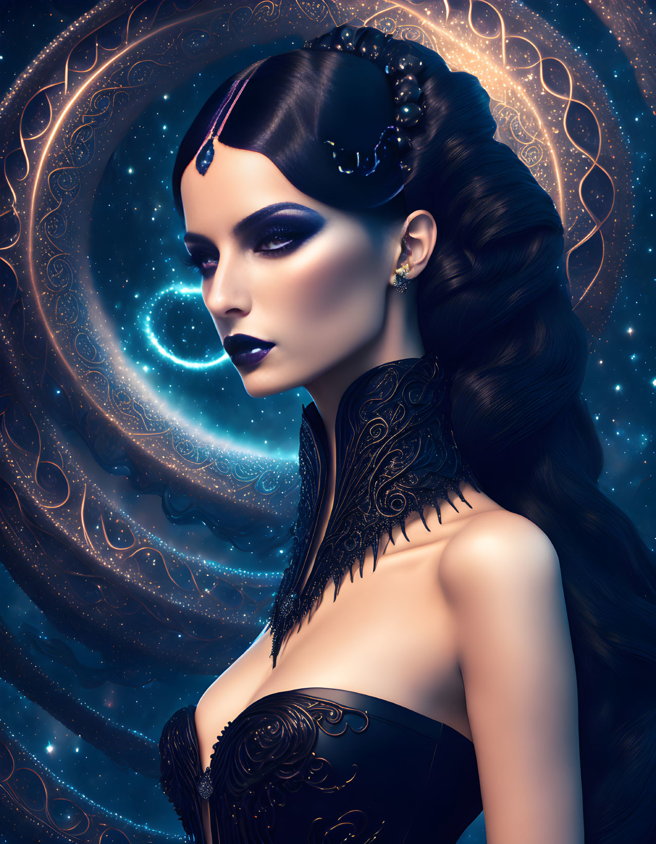 Cosmic-themed woman digital illustration with space background