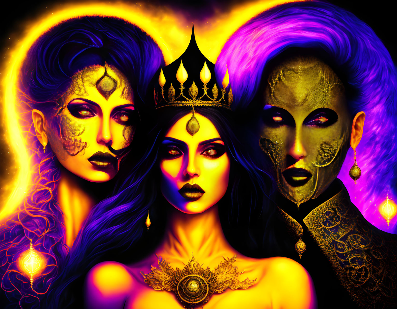 Stylized mystical figures in golden makeup and regal attire amid fiery aura