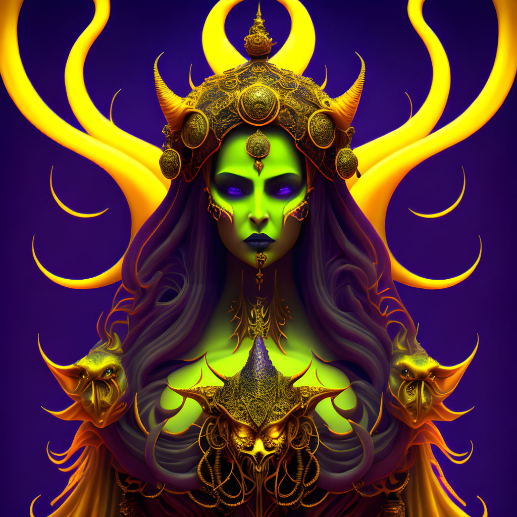 Regal female figure with purple skin and golden headpiece on purple background