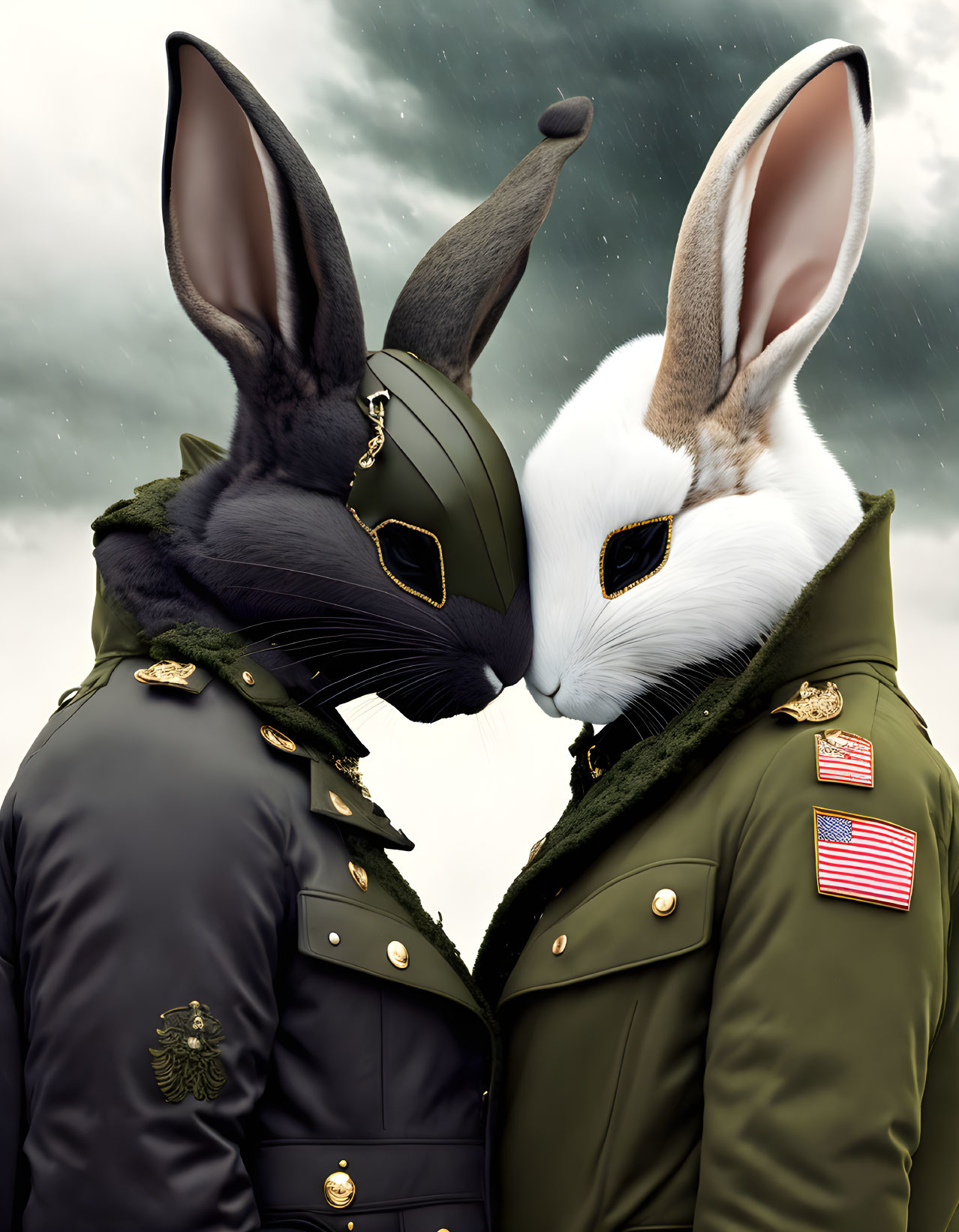 Anthropomorphic rabbits in military uniforms against cloudy sky