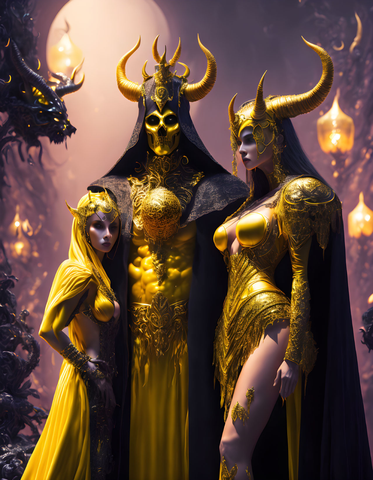 Fantasy-themed figures in yellow and black costumes against mystical backdrop