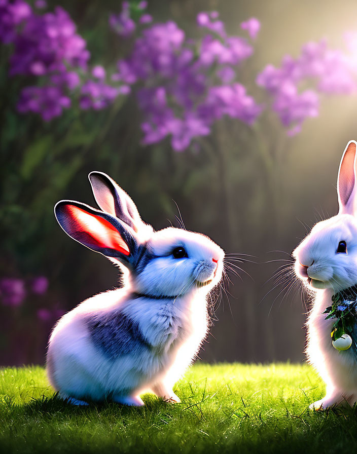 Two adorable rabbits in a grassy field with purple flowers under warm sunlight