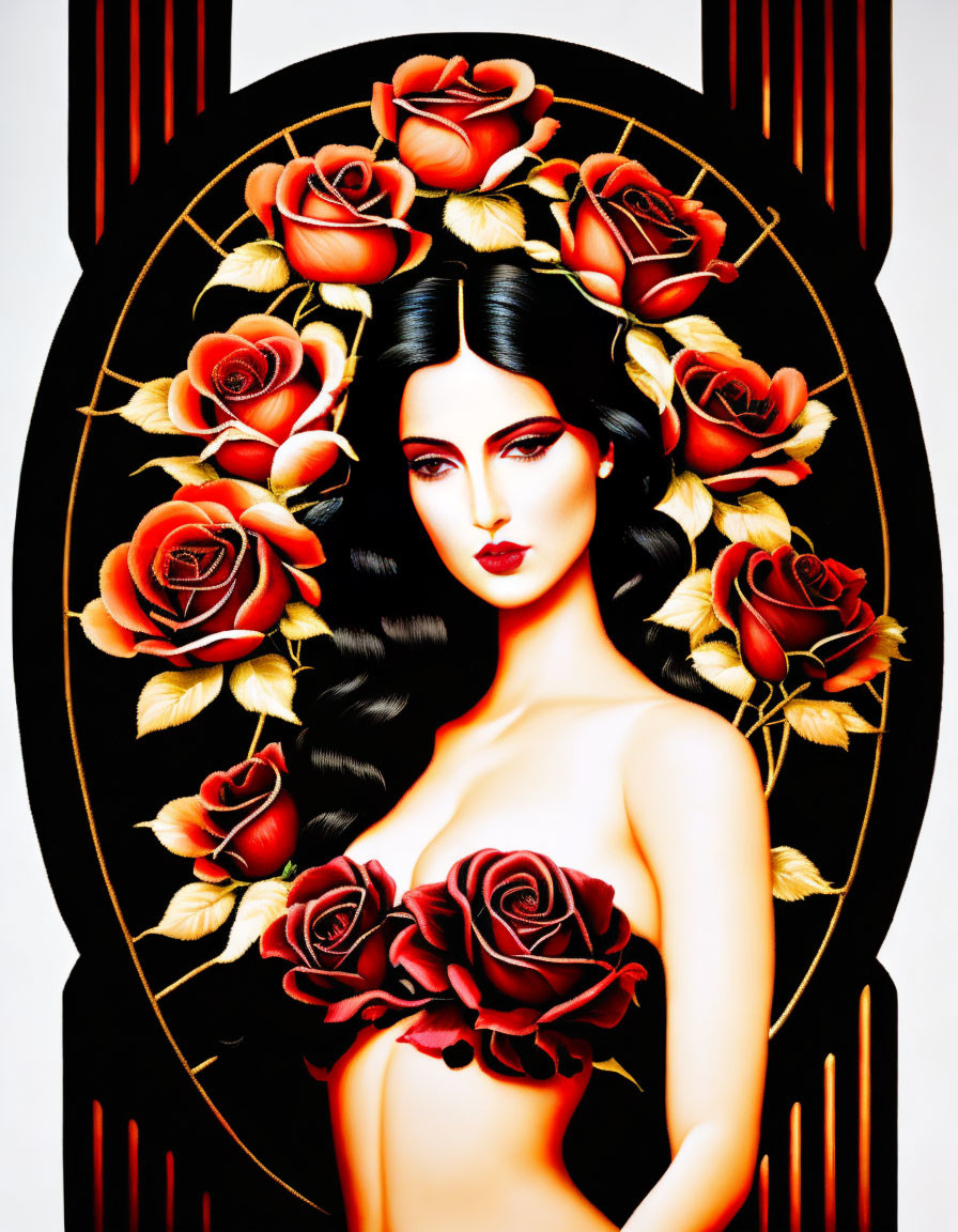 Woman with Dark Hair Surrounded by Red Roses in Art Deco Setting