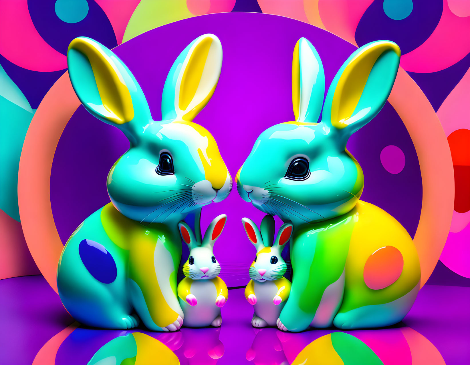 Vibrant glossy rabbit figures on polka dot backdrop