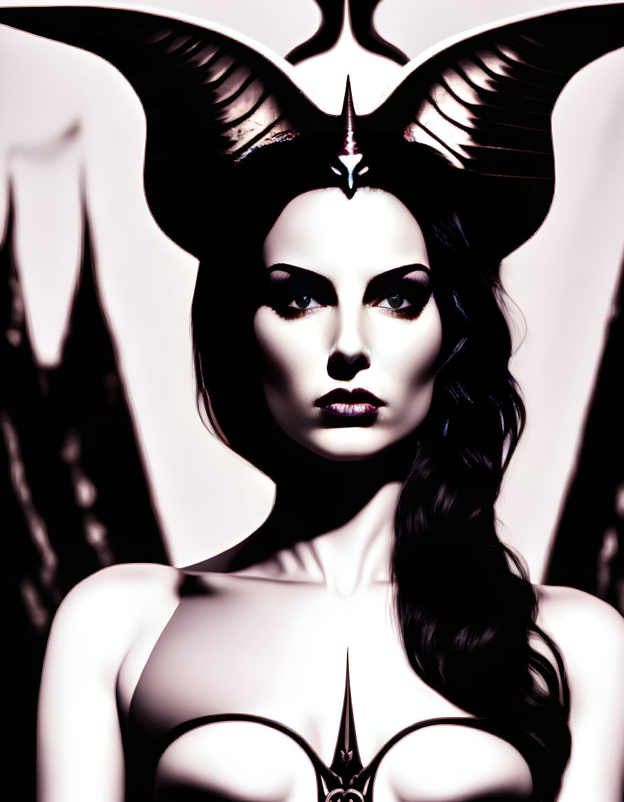 Stylized portrait of a woman with dramatic makeup and horned headpiece