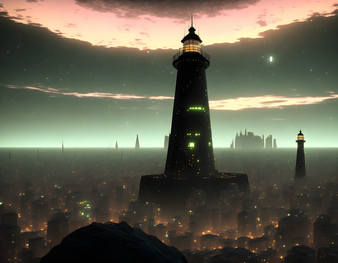 Futuristic lighthouse in misty cityscape at dusk