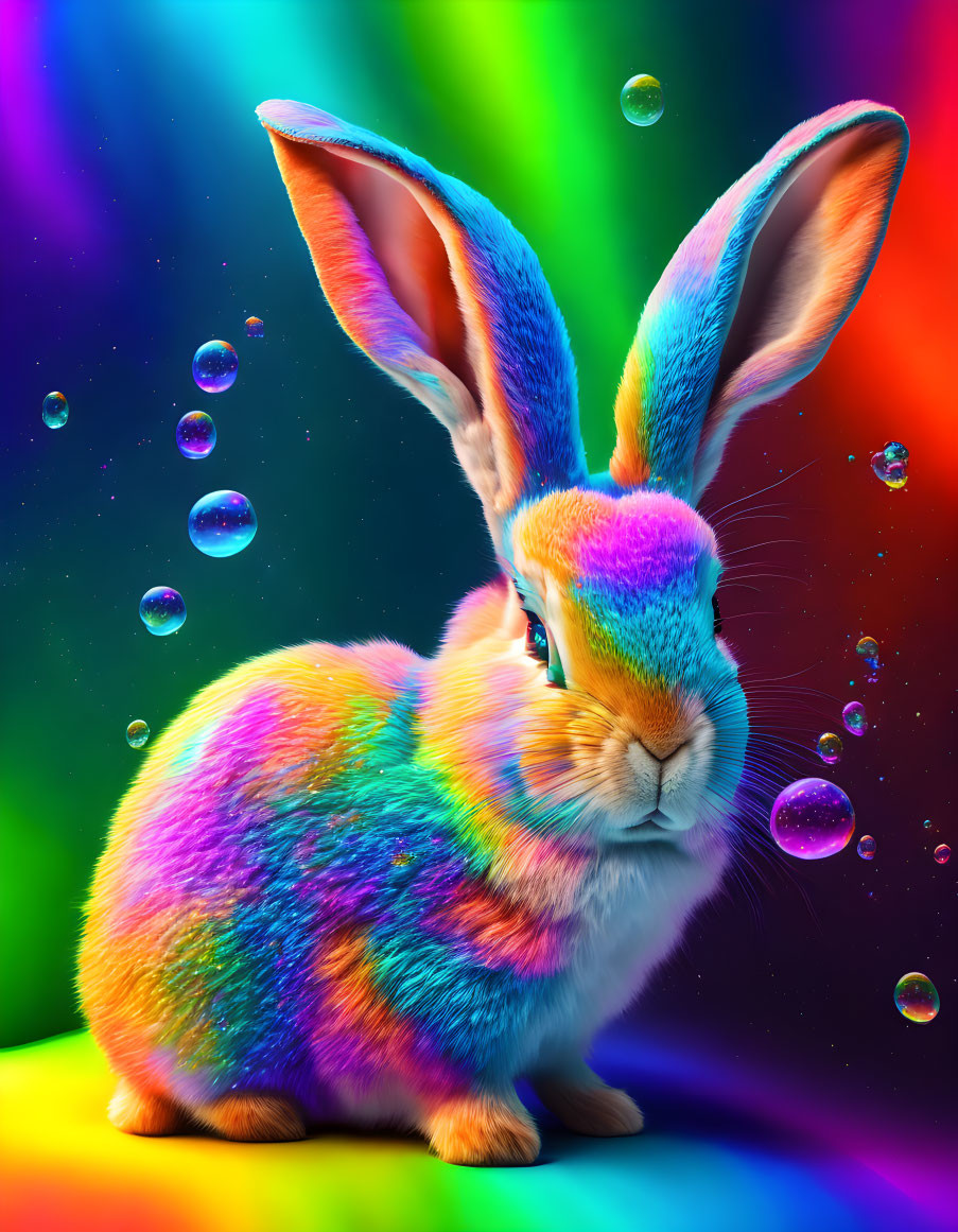 Colorful Rabbit with Rainbow Fur on Neon Background