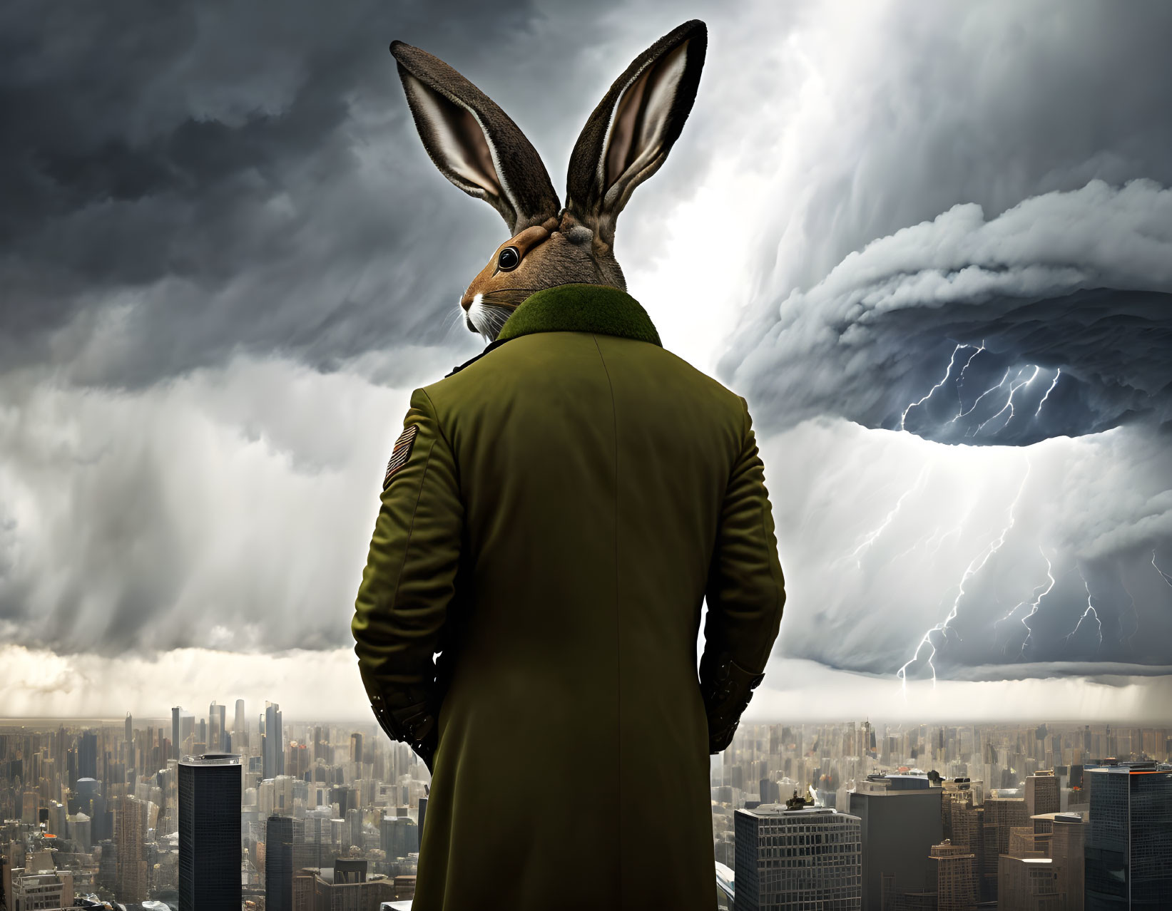 Rabbit-headed figure in coat gazes at stormy cityscape