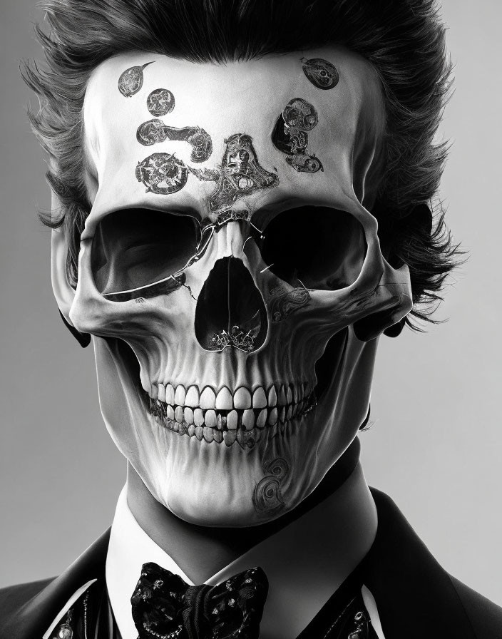 Monochrome image of person in skull mask and suit with intricate designs